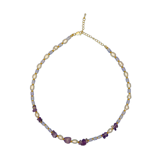 Cultured Freshwater Pearls Necklace with Purple Natural Stones Fluctus