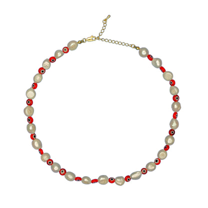 Cultured Freshwater Pearls Necklace with Alternating Red Beads Vespera