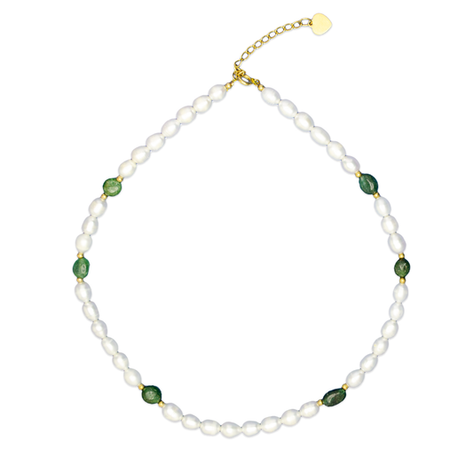 Cultured Freshwater Pearls Necklace with Natural Green Stones Asclepias